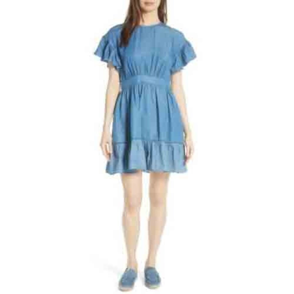 Kate Spade Women's Blue Ruffle Short Sleeve Chambray Mini Dress Size 4
